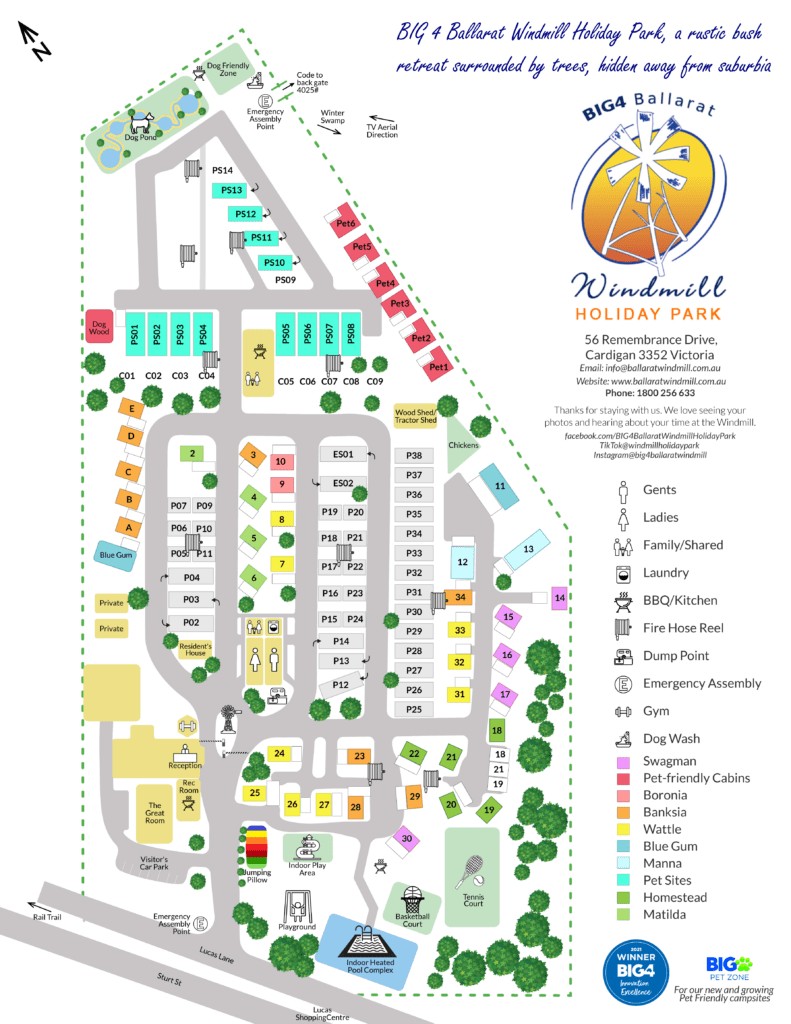 Map of BIG4 Ballarat Windmill Holiday Park showing various accommodation types, including powered and unpowered sites, pet-friendly zones, cabins, amenities like laundry, playground, gym, indoor heated pool complex, tennis and basketball courts, dog-friendly area with a pond, emergency assembly points, and labeled streets and paths for easy navigation. Key areas such as reception, recreation room, and various cabins are clearly marked, along with emergency and service points. The map also includes contact information and social media details for the holiday park